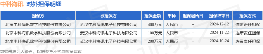 j9九游會登錄入口首頁中科海訊披露3筆對外擔(dān)保被擔(dān)保方為武漢